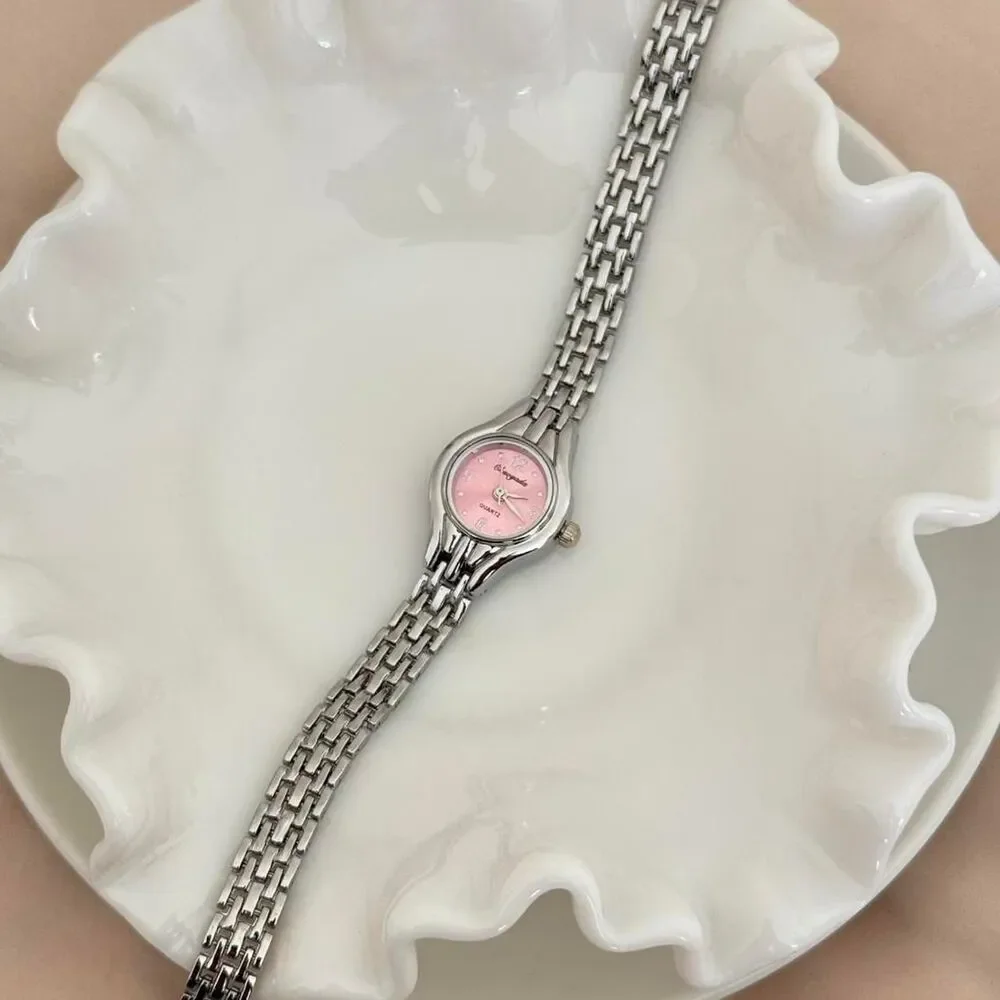 y2k dainty silver and pink dial round stainless steel quartz watch